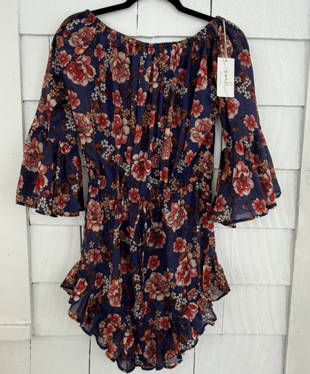 Soah XS/S Floral Off Shoulder Sheer Swim Cover Up Dress Romantic Resort Festival